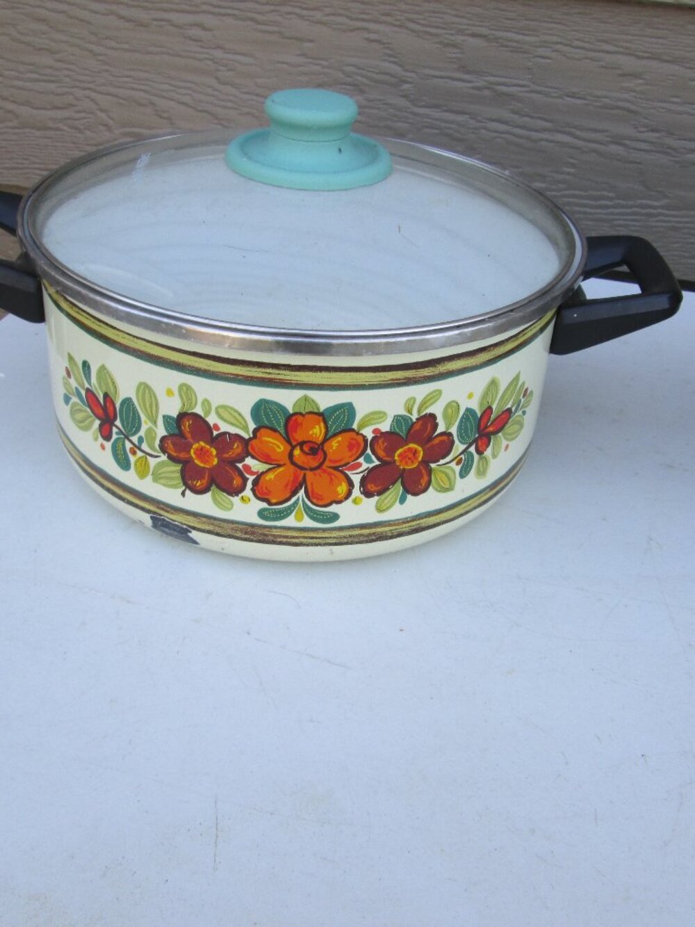 Vtg 70s Dutch oven orange boho flowers enamael ware 4 qt